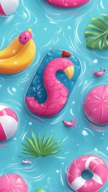 Playful pool floats drift across bright turquoise water