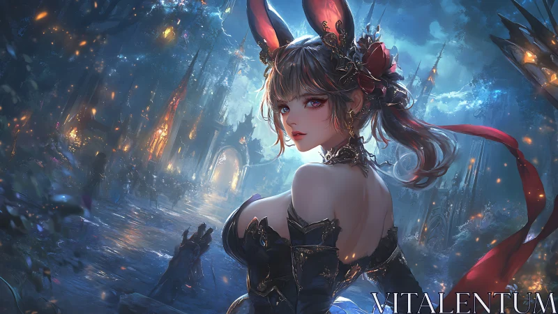 Arcane rabbit-eared warrior in luminous fantasy citadel night