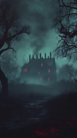 Fog-shrouded gothic mansion with red lumen windows and silhouettes