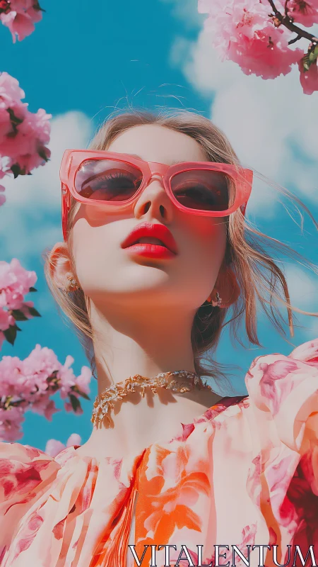 Spring day glow with pink blossoms and bold sunglasses.