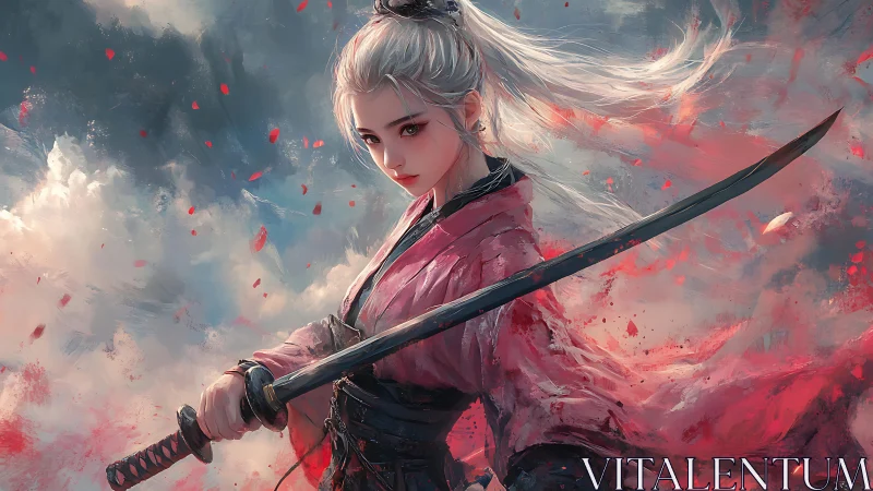 Silver-haired samurai heroine amid crimson storm clouds.