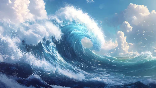 Large breaking ocean wave under bright cumulus clouds.