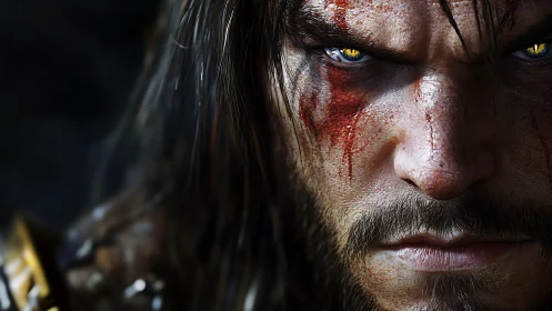 Battle-scarred warrior close-up with intense golden eyes.