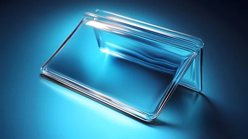 Transparent Glass Tablet on Blue Surface, Futuristic Minimalist Style.