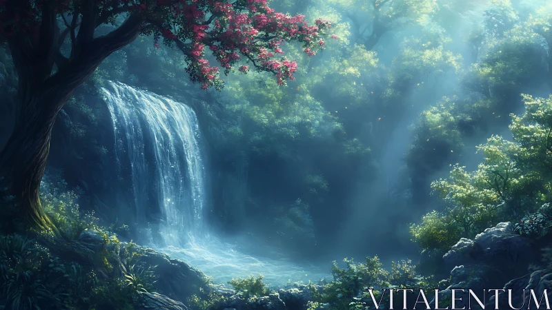Enchanted Forest Waterfall with Pink Blossoms