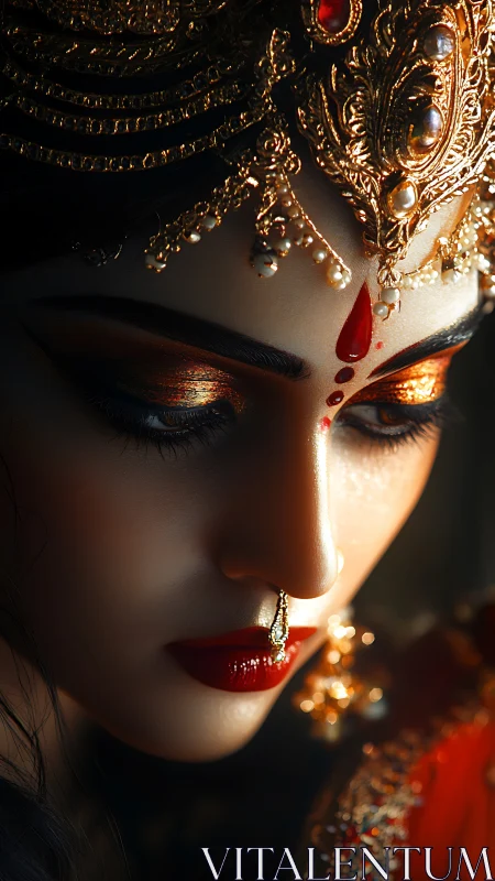 Close portrait of woman in ornate red and gold bridal jewelry.