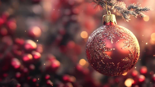 Macro analysis of glittered red Christmas bauble ornament.