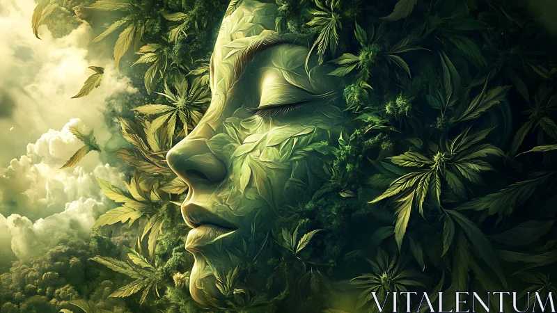 Leaf-formed woman face merges with lush emerald forest dream