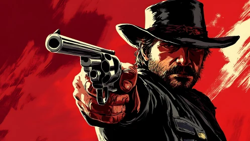 Outlaw gunslinger aims forward against a blazing red sky
