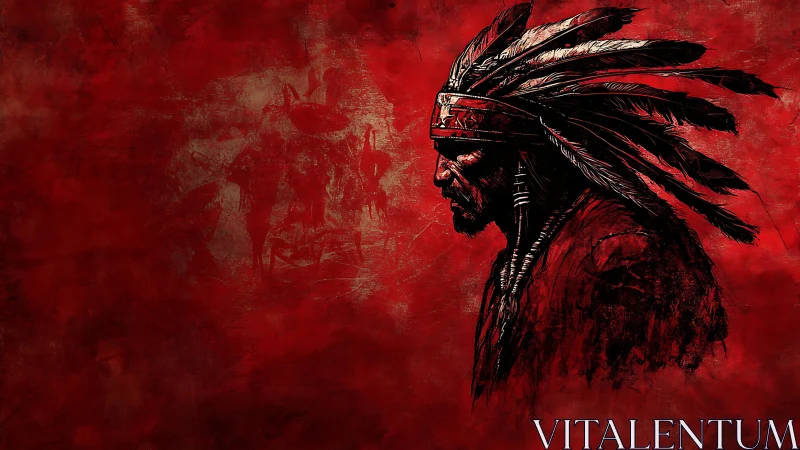 Solitary indigenous warrior stands against blood-red storm.