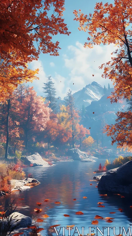 Mountain river passes through dense autumn forest in daylight