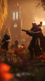 Armored guardians stand ready in a glowing cathedral meadow