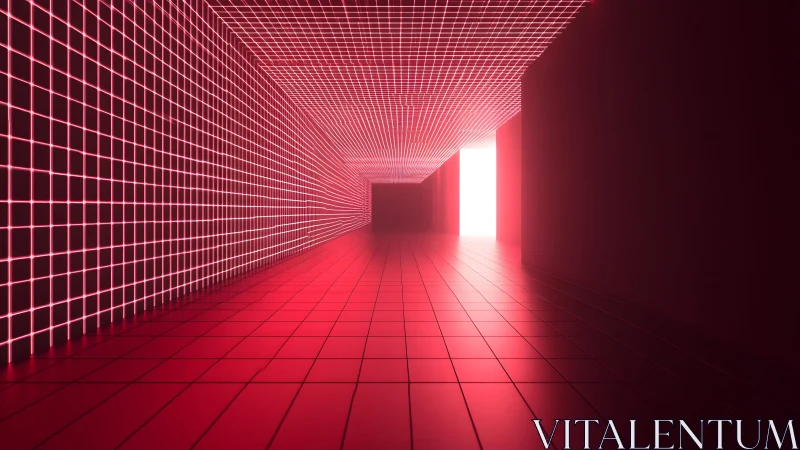 Futuristic neon corridor with glowing grid in digital art style.