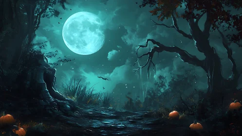 Haunted forest trail under luminous teal harvest moon.