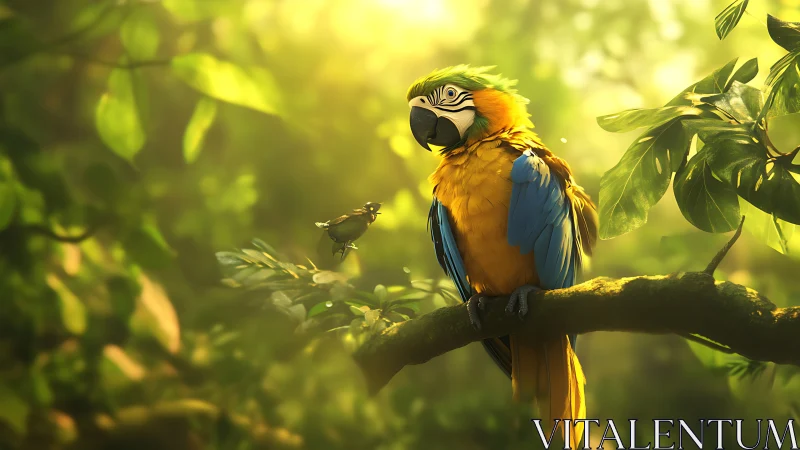 Sunlit jungle perch with a curious, colorful macaw friend.