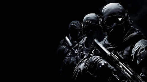 Elite tactical soldiers emerge from darkness in tense focus