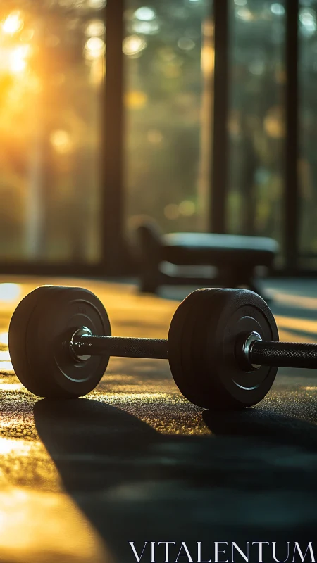 Barbell rests on gym floor under warm sunrise light