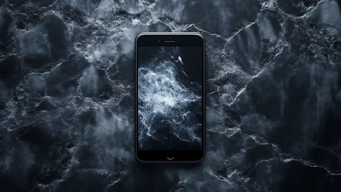 Smartphone on dark marble with abstract liquid display.