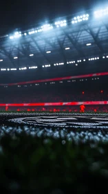 Photorealistic stadium pitch close-up under dramatic floodlights.