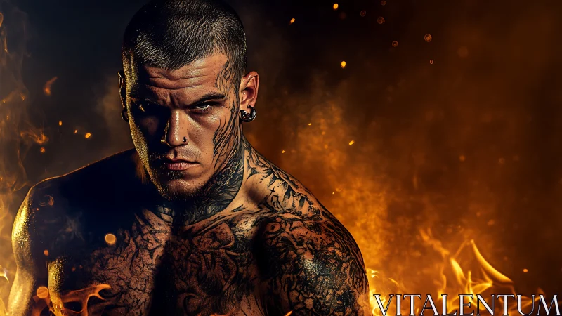 Tattooed combatant in high-contrast pyro-illuminated portrait.