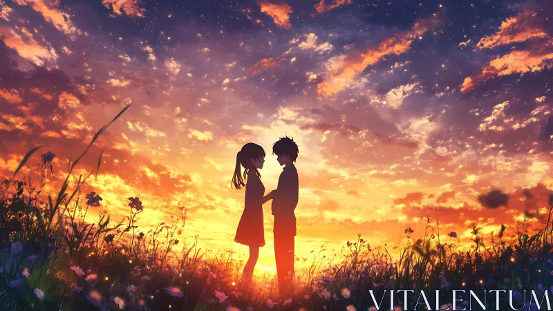 Silhouetted couple in glowing sunset meadow sky composition.
