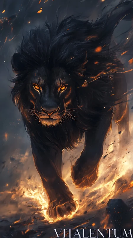 Black lion strides through fire with glowing embers