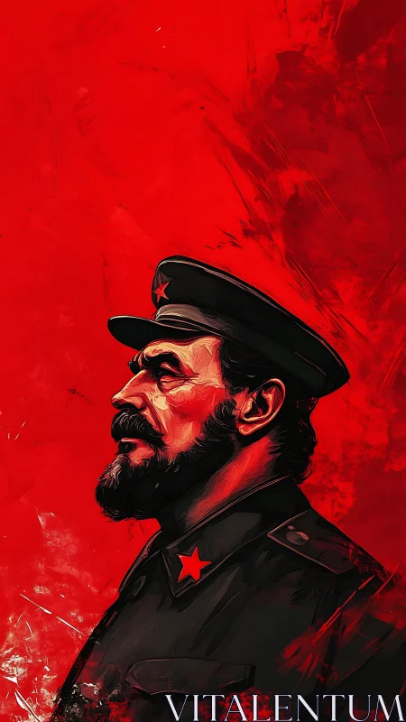 Digital painting profile of bearded military leader on red field.