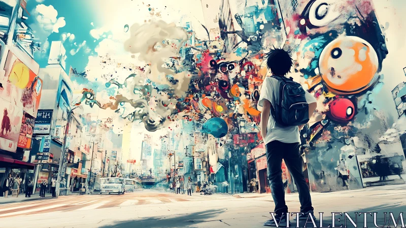 Urban street scene shows youth facing abstract floating forms