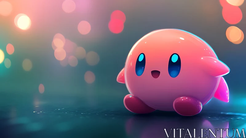 Glossy pink mascot under neon bokeh with reflective floor.