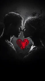 Silhouettes Kiss Around Red Heart Against Dark Backdrop