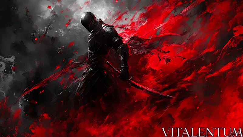 Dark armored swordsman amid red and black energy storm.