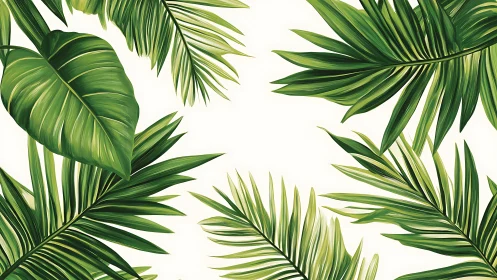 Fresh green tropical leaves create a bright, breezy mood