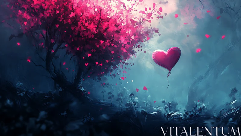 Luminous Heart Balloon Above Flowering Tree.