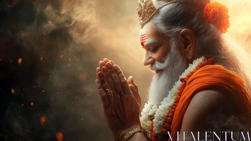 Elder guru in radiant prayer amid drifting embers glow.