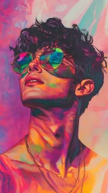 Neon-lit portrait captures reflective sunglasses and molten color.