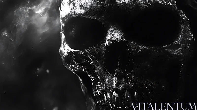 Gleaming skull emerges from smoky darkness in stark contrast