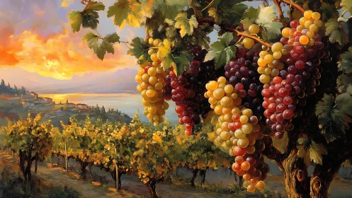 Grape clusters over vineyard landscape at sunset panorama.