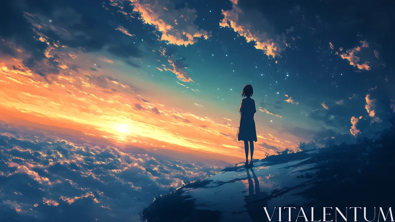 Silhouetted figure observes luminous sunset horizon in anime style