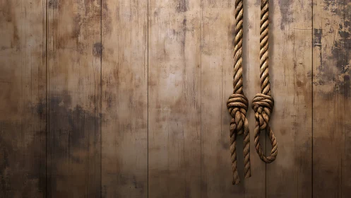 Rough hemp ropes against weathered wooden plank wall background.