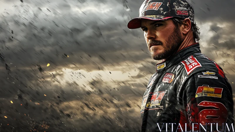 Racing driver stands in debris-filled stormy environment