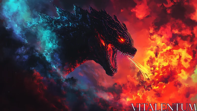 Titanic fire-breathing dragon against cyan and scarlet storm.