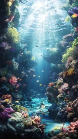 Sunlit coral canyon with tropical fish and volumetric water rays.