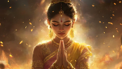 Woman in traditional attire stands praying amid glowing embers