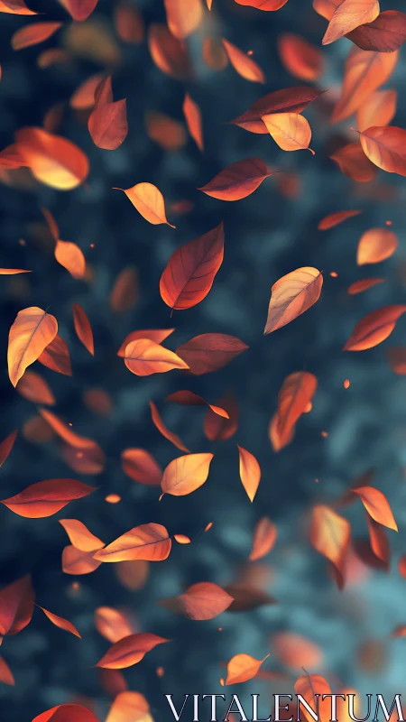 Autumn foliage drifts in shallow focus against teal bokeh field