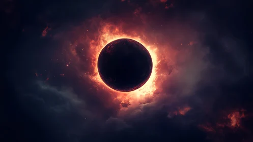 Fiery solar eclipse hangs in turbulent, smoke filled cosmos