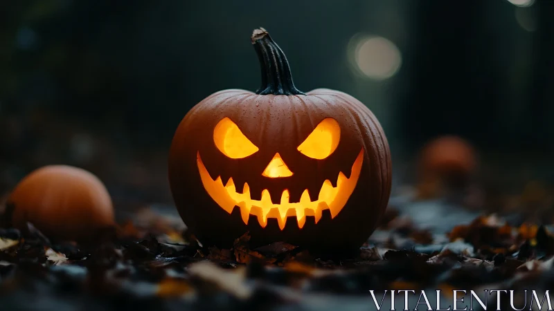 Jack-o-lantern glows sharply against blurred nocturnal forest