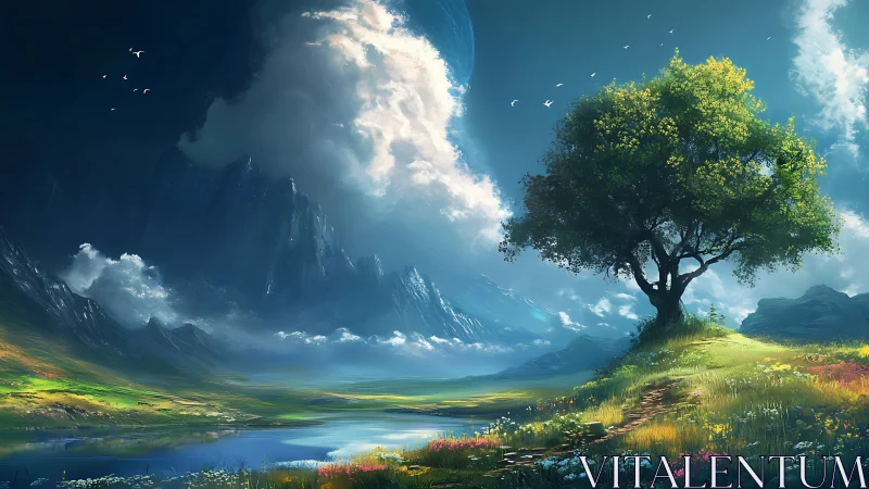 Lone tree by lake under dramatic clouds and mountains.