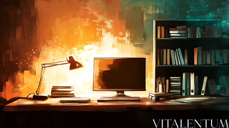Digital painting of tidy home office desk and shelves.