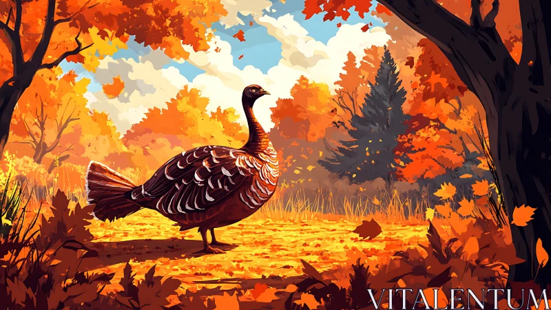 Turkey under saturated autumn canopy in stylized foliage field.