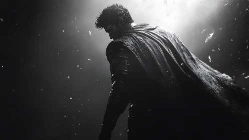 Solitary armored warrior stands beneath harsh backlight